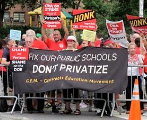Members of the CWA and the Grassroots Education Movement rally before a PEP meeting