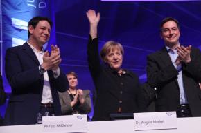 Angela Merkel (center) speaking to a conference of the youth organization of the Christian Democratic Union